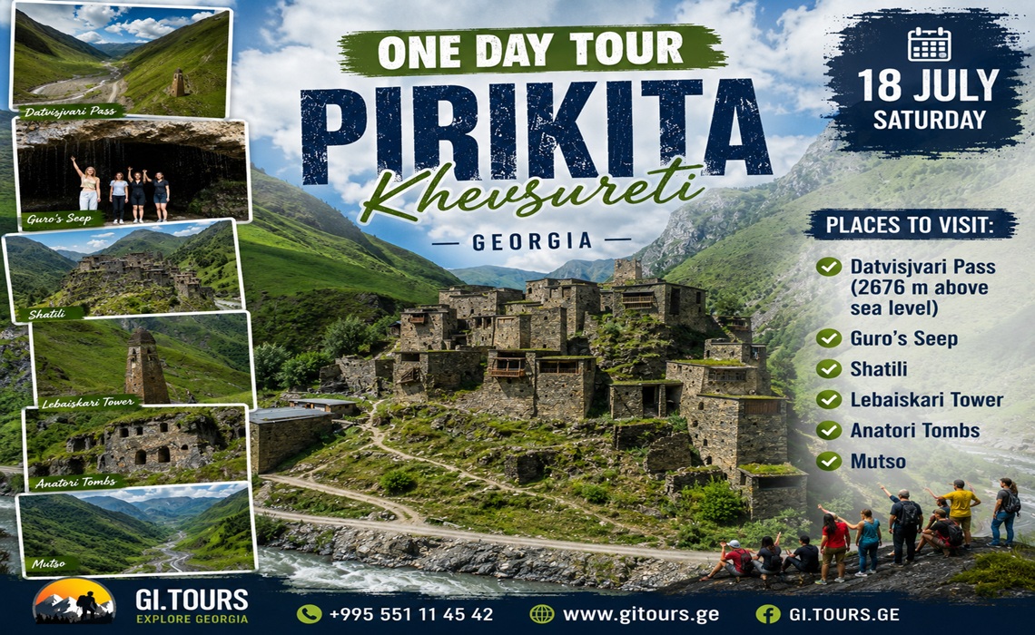 Hello! On 18 July (Saturday) join us for a journey through Datvisjvari Pass, Lebaiskari Tower, Guro Travertines, Shatili, Anatori Necropolis, and Mutso.